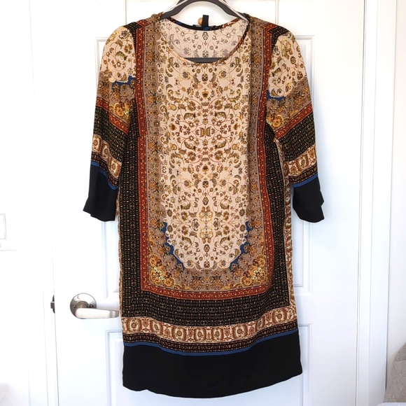 MANGO Collection Dress in Women's size S with beautiful gold brown motif - Picture 1 of 6